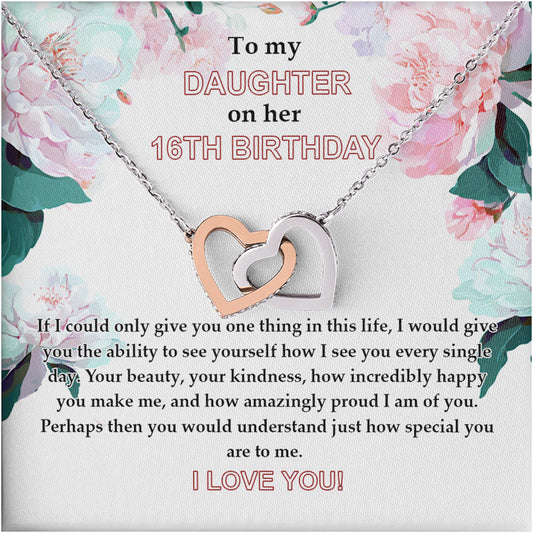 Netecom Personalized To My Daughter Necklace from Mom and Dad, Custom Name Floral Card, Interlocking Hearts Jewelry Gift for Birthday, Christmas