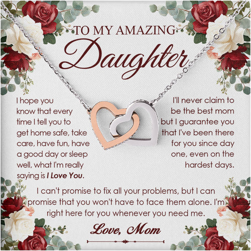 Netecom Personalized To My Amazing Daughter Necklace from Mom, Custom Rose Flowers Message Card with Name, Interlocking Heart Jewelry Gift for Birthday, Christmas