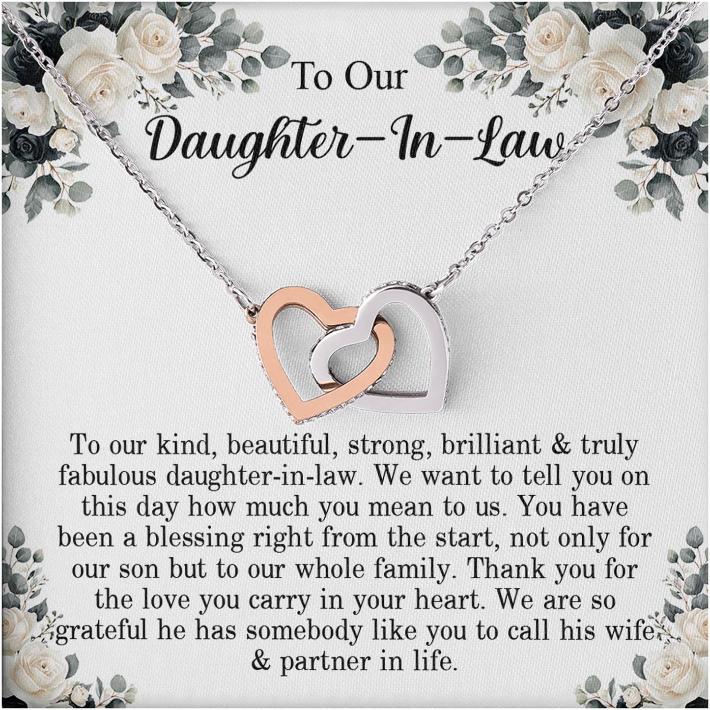 Netecom Personalized To My Daughter-In-Law Necklace from Mother-in-Law Father-In-Law, Custom Message Card with Name, Interlocking Heart Jewelry Gift for Wedding, Birthday, Christmas