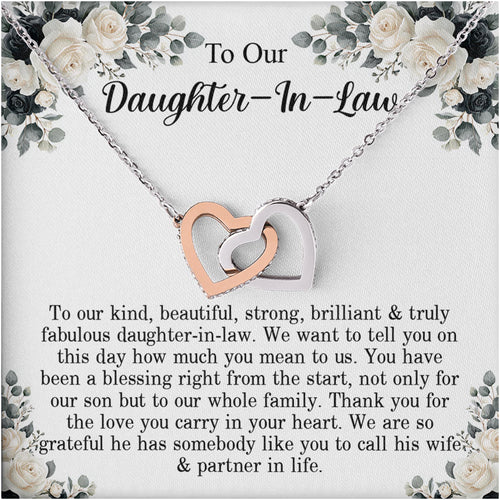 Netecom Personalized To My Daughter-In-Law Necklace from Mother-in-Law Father-In-Law, Custom Message Card with Name, Interlocking Heart Jewelry Gift for Wedding, Birthday, Christmas