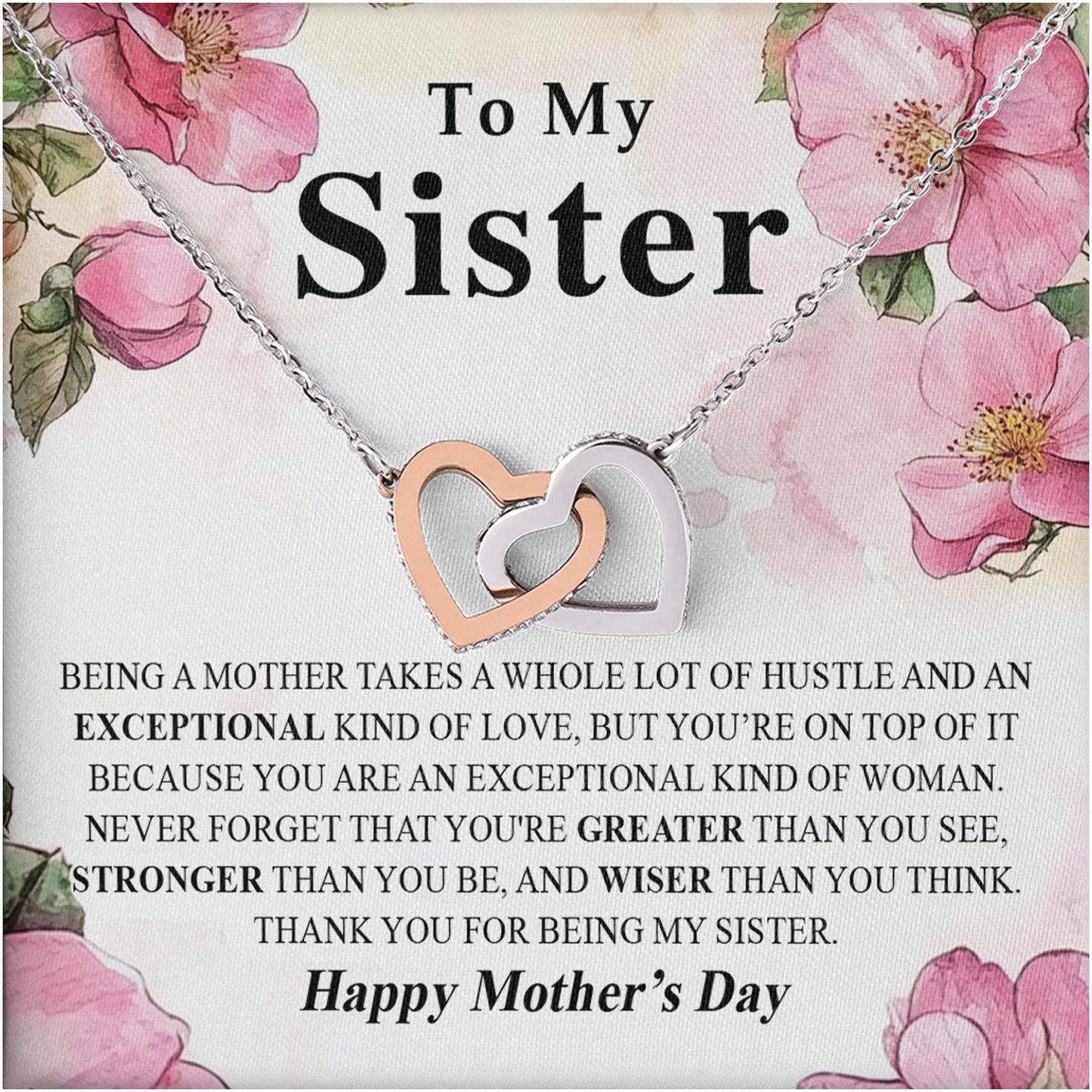 Netecom Personalized To My Sister Necklace, Interlocking Heart Jewelry with Floral Mother’s Day Card, Birthday or Christmas Gift for Sister