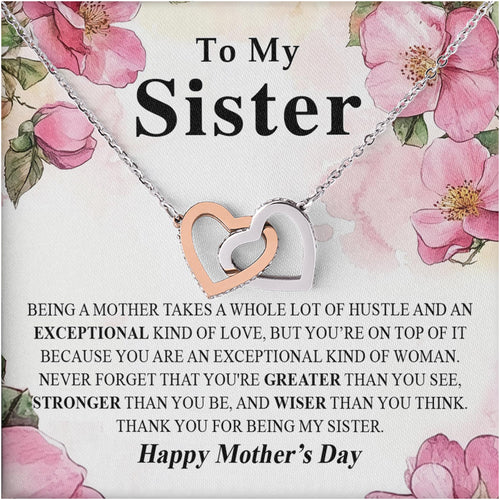Netecom Personalized To My Sister Necklace, Interlocking Heart Jewelry with Floral Mother’s Day Card, Birthday or Christmas Gift for Sister