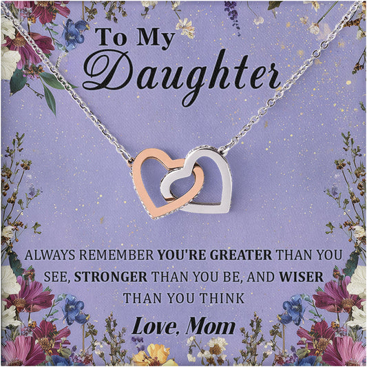 Netecom Personalized To My Daughter Necklace from Mom, Interlocking Heart Jewelry with Floral Card, Birthday or Christmas Gift