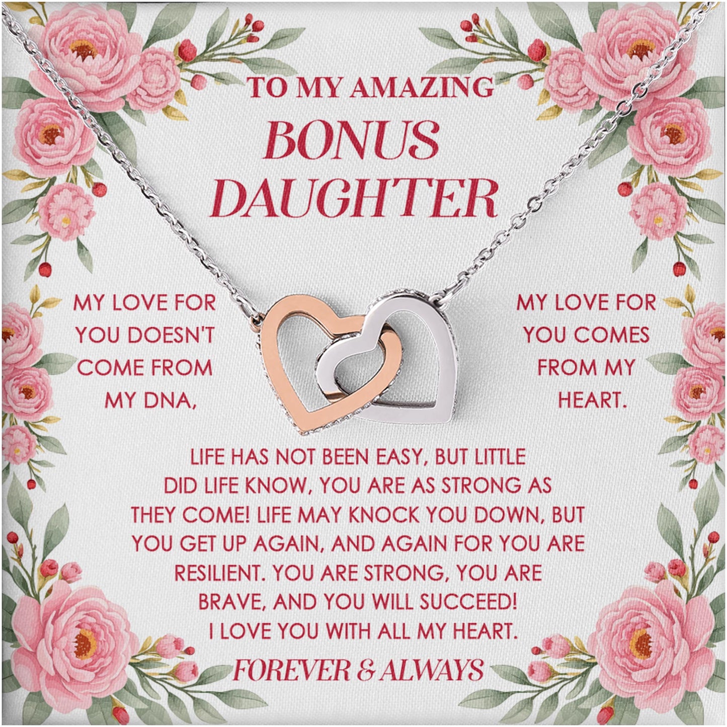 Netecom Personalized To My Bonus Daughter Necklace from Bonus Mom Bonus Dad, Custom Rose Flowers Message Card with Name, Interlocking Heart Jewelry Gift for Birthday, Christmas