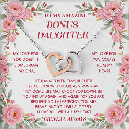 Netecom Personalized To My Bonus Daughter Necklace from Bonus Mom Bonus Dad, Custom Rose Flowers Message Card with Name, Interlocking Heart Jewelry Gift for Birthday, Christmas