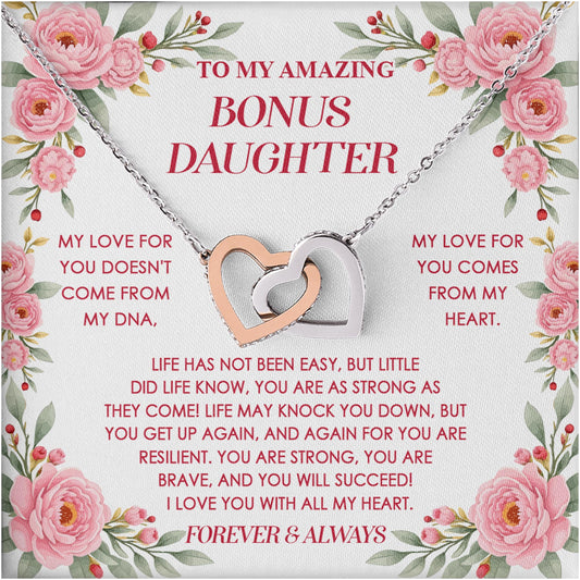 Netecom Personalized To My Bonus Daughter Necklace from Bonus Mom Bonus Dad, Custom Rose Flowers Message Card with Name, Interlocking Heart Jewelry Gift for Birthday, Christmas