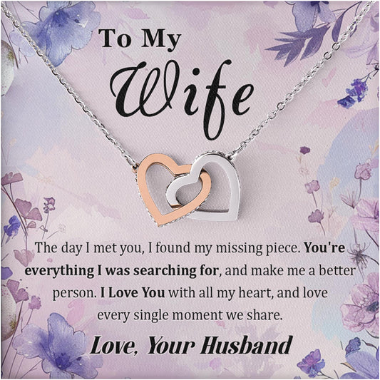 Netecom Personalized To My Wife Necklace from Husband, Interlocking Heart Jewelry with Floral Card, Romantic Birthday, Anniversary, Christmas Gift