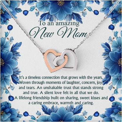 Netecom Personalized To An Amazing New Mom Necklace, Interlocking Hearts Jewelry with Floral Card, Baby Shower, Mother’s Day, First-Time Mom Gift