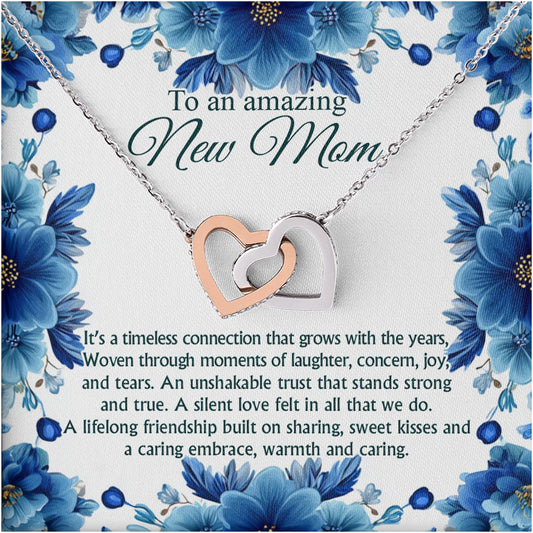 Netecom Personalized To An Amazing New Mom Necklace, Interlocking Hearts Jewelry with Floral Card, Baby Shower, Mother’s Day, First-Time Mom Gift