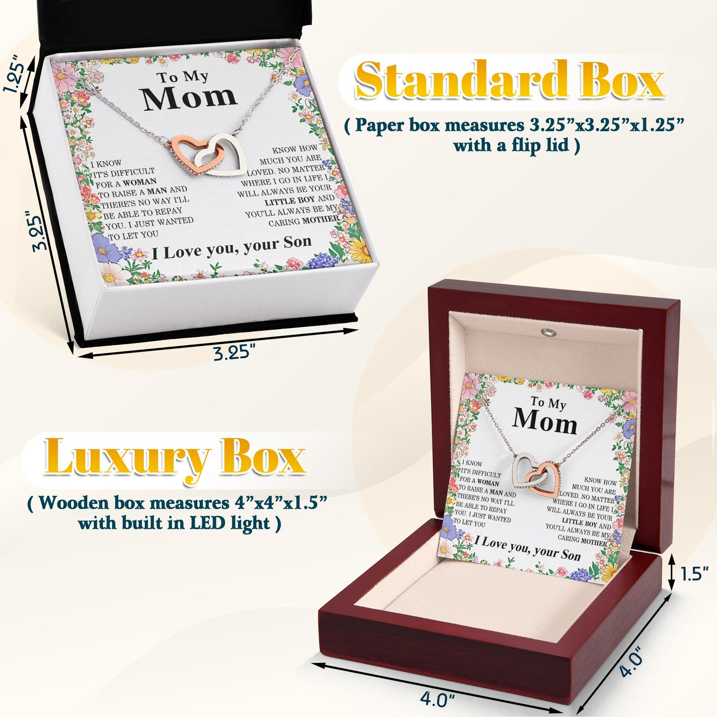 Netecom Personalized To My Mom Necklace from Son, Custom Message Card with Name, Simple Flower Interlocking Heart Jewelry Gift for Birthday, Christmas