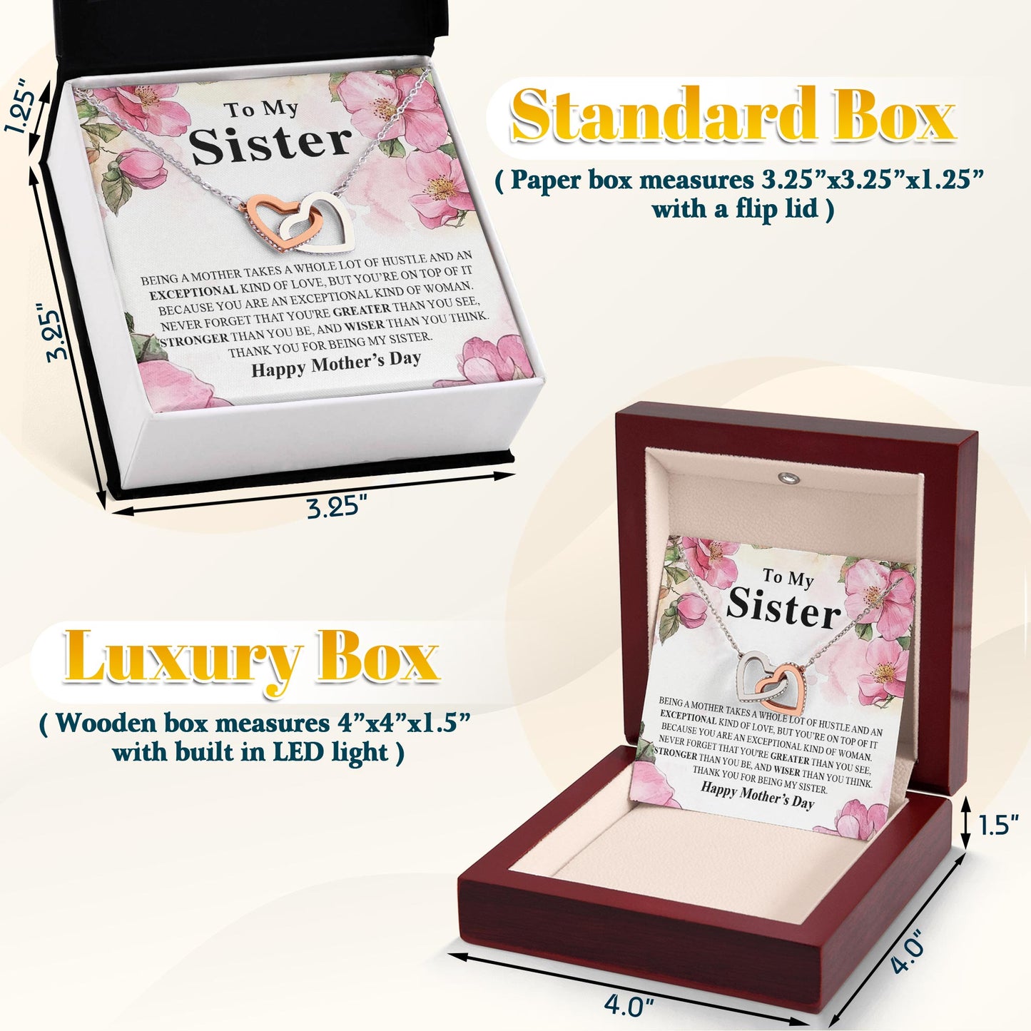 Netecom Personalized To My Sister Necklace, Interlocking Heart Jewelry with Floral Mother’s Day Card, Birthday or Christmas Gift for Sister