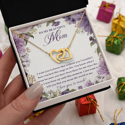 Netecom Personalized To My Beautiful Mom Necklace from Daughter Son, Custom Purple Flowers Message Card with Name, Interlocking Heart Jewelry Gift for Birthday, Christmas
