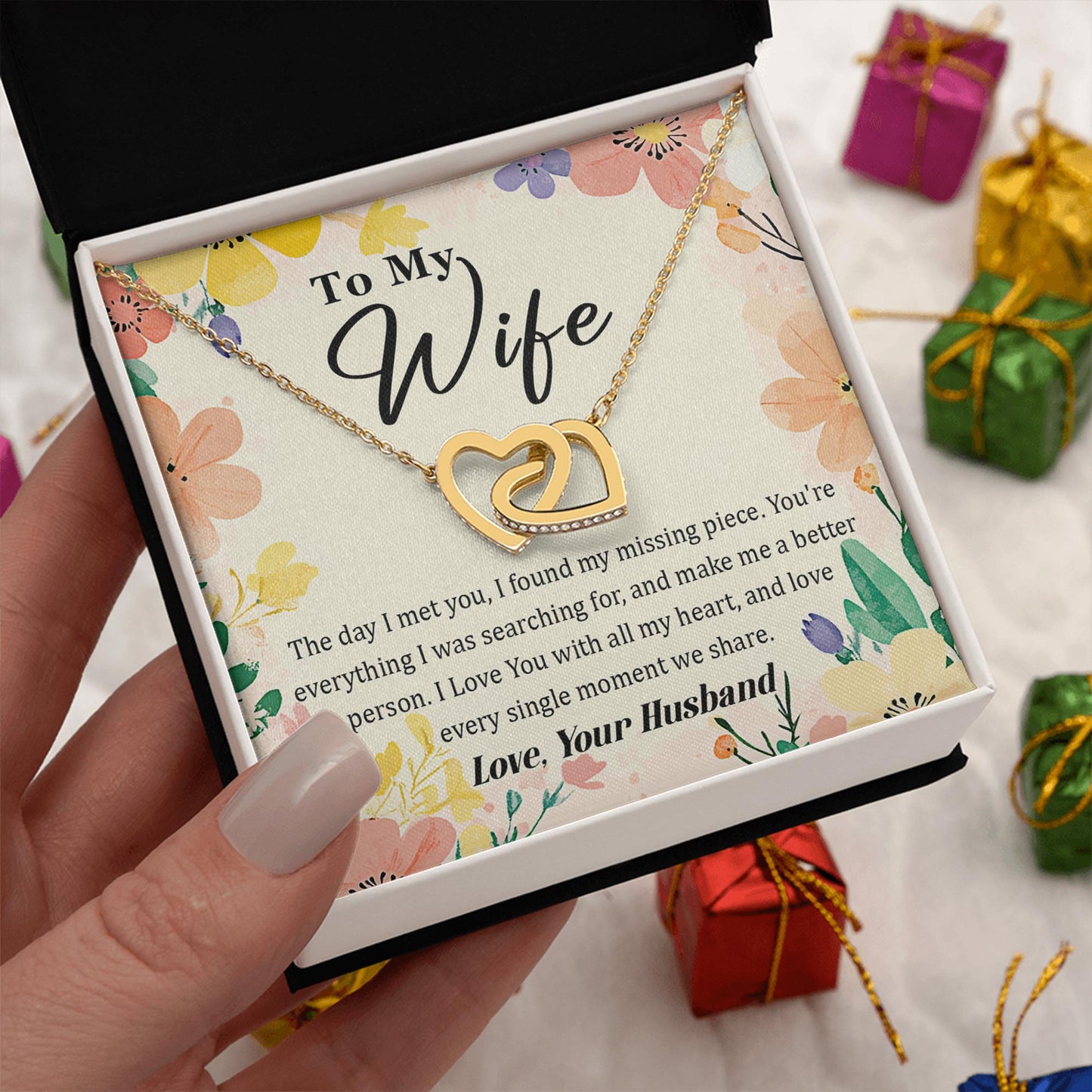Netecom Personalized To My Wife Necklace from Husband, Interlocking Hearts Jewelry with Floral Card, Romantic Birthday, Anniversary, Christmas Gift