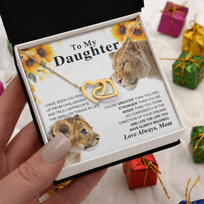 Netecom Personalized To My Daughter Necklace from Mom, Interlocking Heart Jewelry with Lion & Cub Card, Birthday, Graduation, Christmas Gift