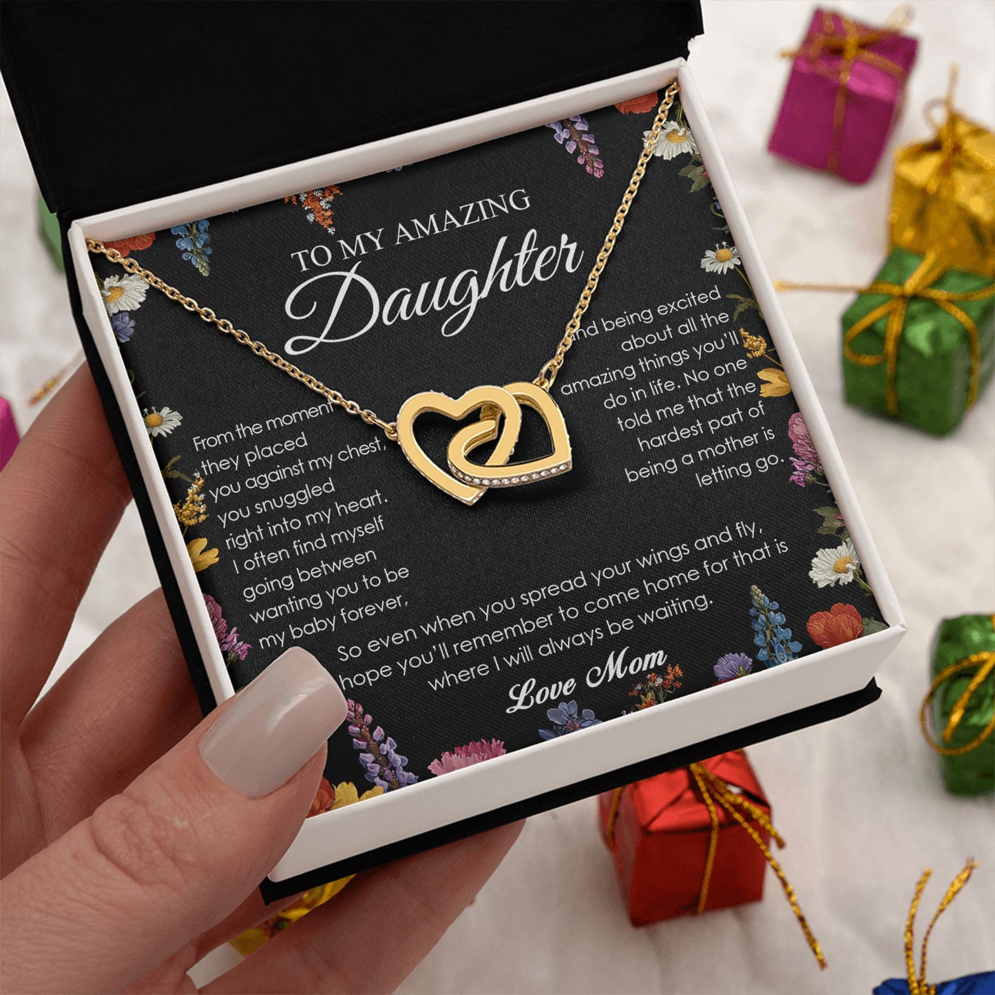 Netecom Personalized To My Daughter Necklace from Mom, Interlocking Hearts Jewelry with Elegant Black Floral Card, Birthday, Graduation, Christmas Gift