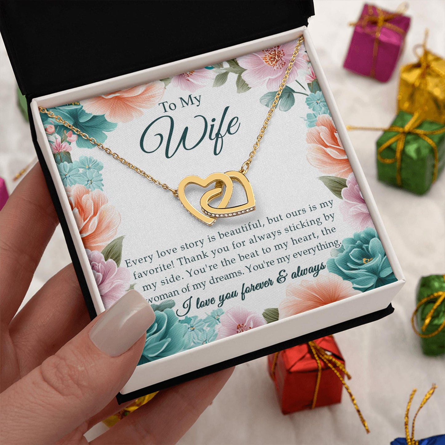 Netecom  Personalized To My Wife Necklace from Husband, Custom Vintage Floral Message Card with Name, Interlocking Heart Jewelry Gift for Birthday, Christmas, Wedding