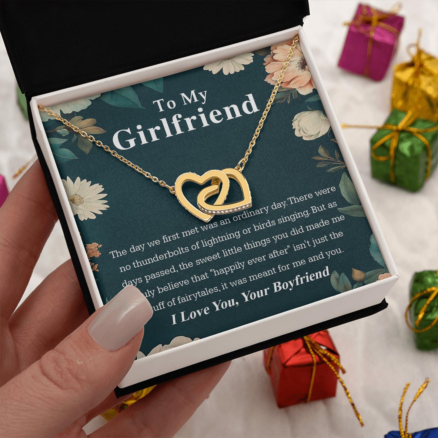 Netecom Personalized To My Girlfriend Necklace from Boyfriend, Custom Message Card with Name, Happily Ever After Interlocking Heart Jewelry Gift for Couple, Birthday, Christmas