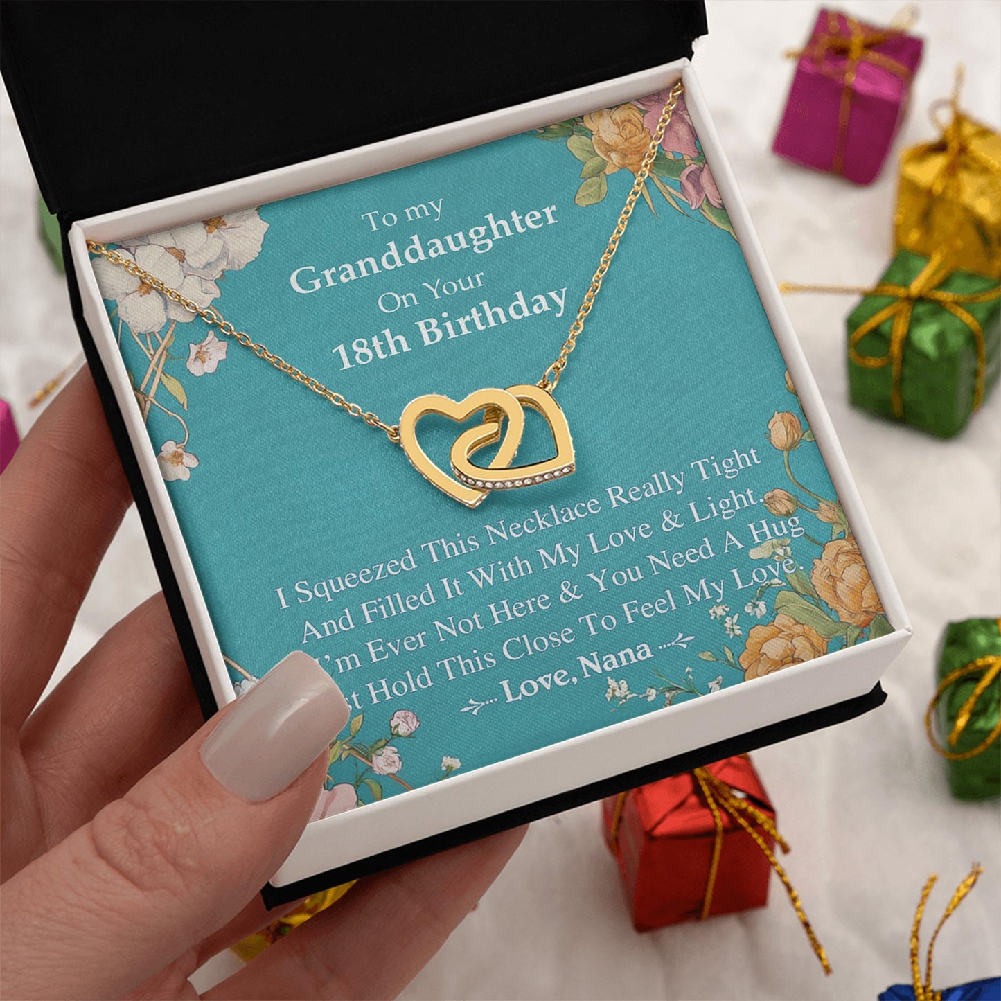 Netecom Personalized To My Granddaughter Necklace from Nana, Custom 18th Birthday Interlocking Hearts Necklace with Message Card and Gift Box, Gifts for Christmas, Birthday, Graduation