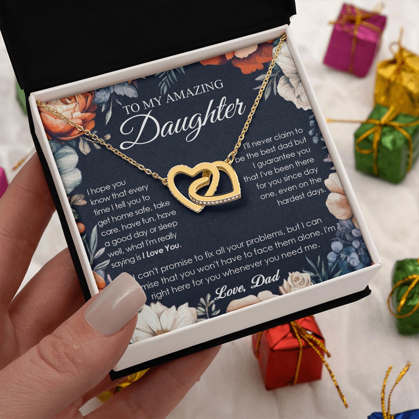 Netecom Personalized To My Amazing Daughter Necklace from Dad, Custom Retro Floral Message Card with Name, Interlocking Heart Jewelry Gift for Birthday, Christmas