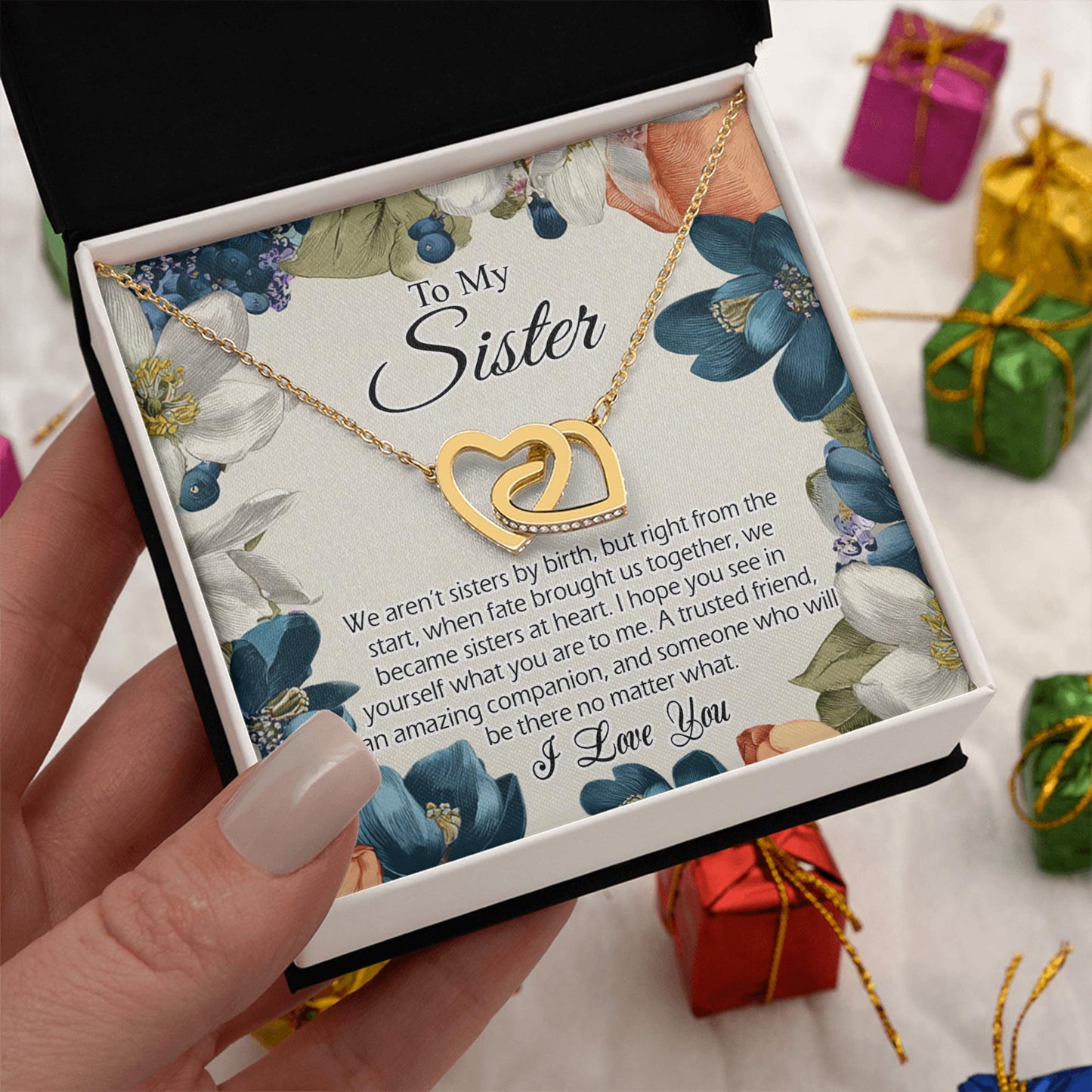 Netecom Personalized To My Sister Necklace, Interlocking Hearts Jewelry with Floral Card, Birthday, Christmas, Friendship Gift for Sisters by Heart