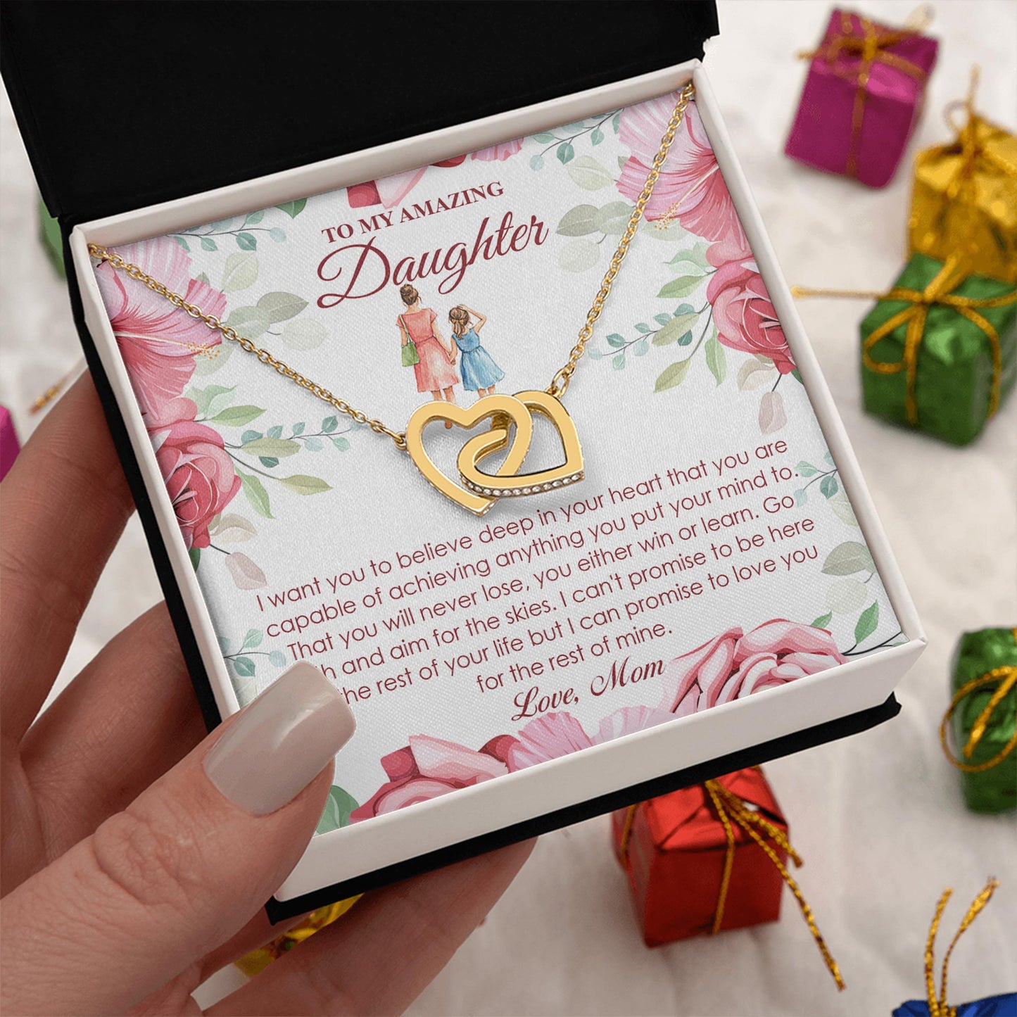Netecom Personalized To My Amazing Daughter Necklace from Mom, Custom Flowers Message Card with Name, Interlocking Heart Jewelry Gift for Birthday, Christmas