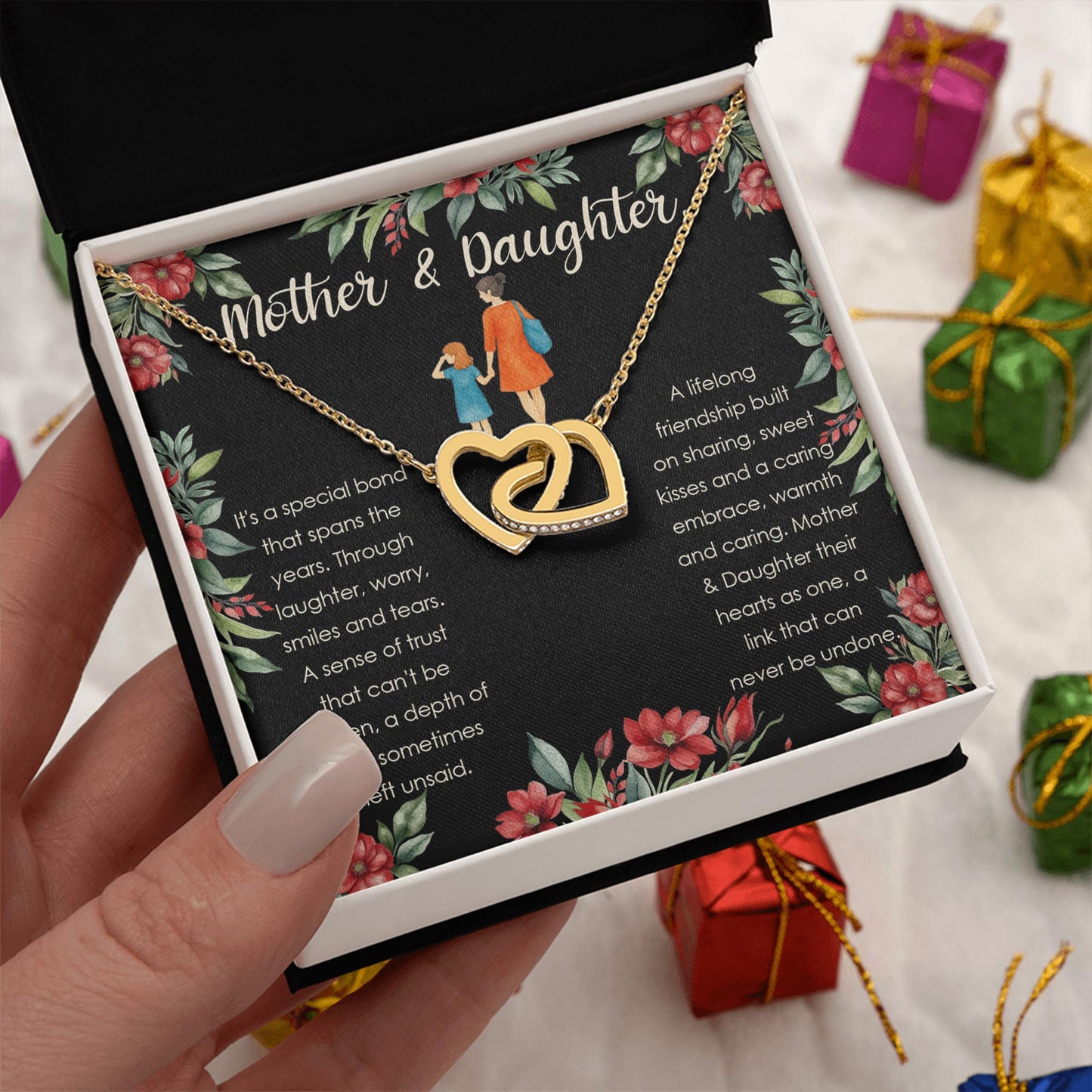 Netecom Personalized Mother & Daughter Necklace, Interlocking Hearts Jewelry with Black Floral Card, Birthday, Christmas, Graduation Gift from Mom to Daughter