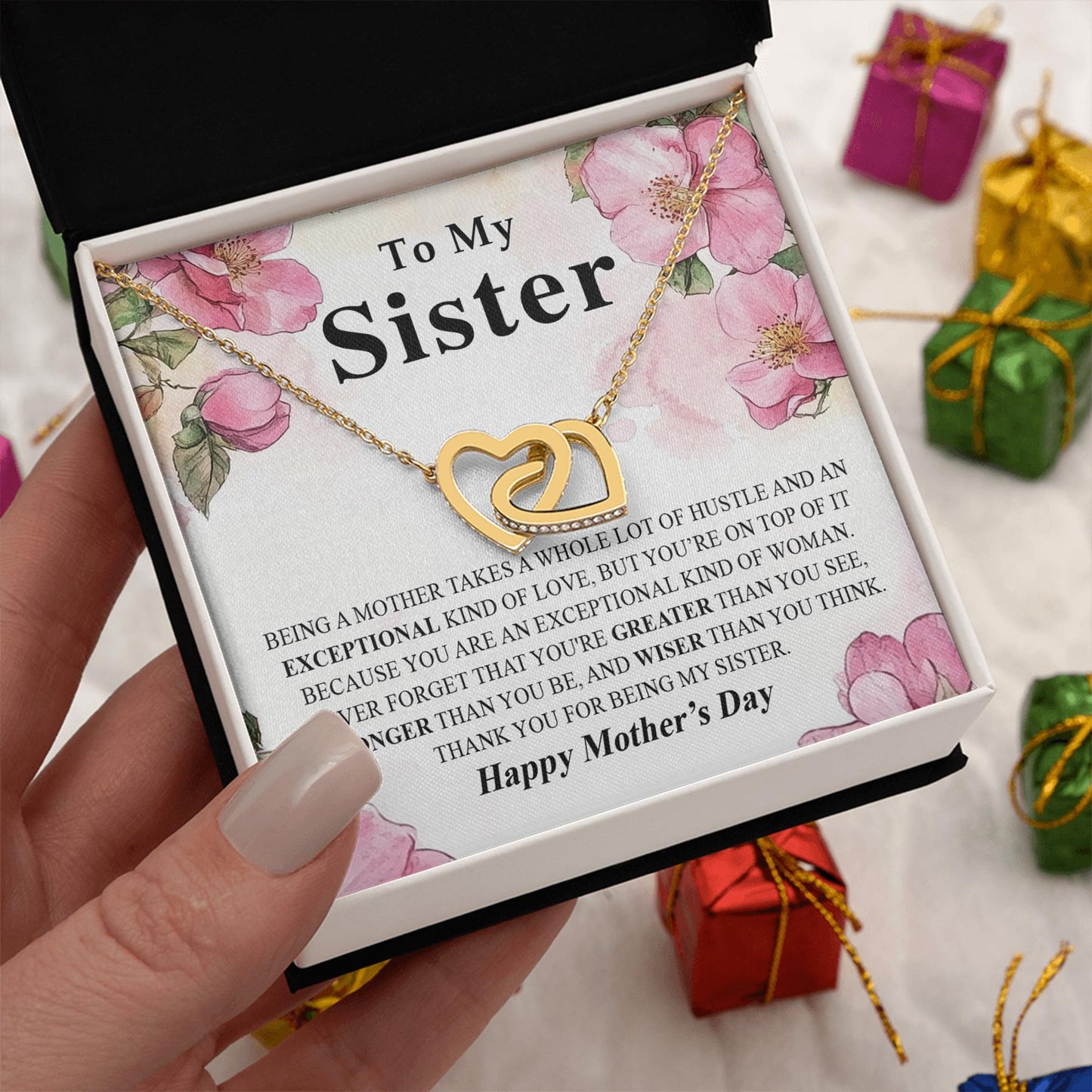 Netecom Personalized To My Sister Necklace, Interlocking Heart Jewelry with Floral Mother’s Day Card, Birthday or Christmas Gift for Sister