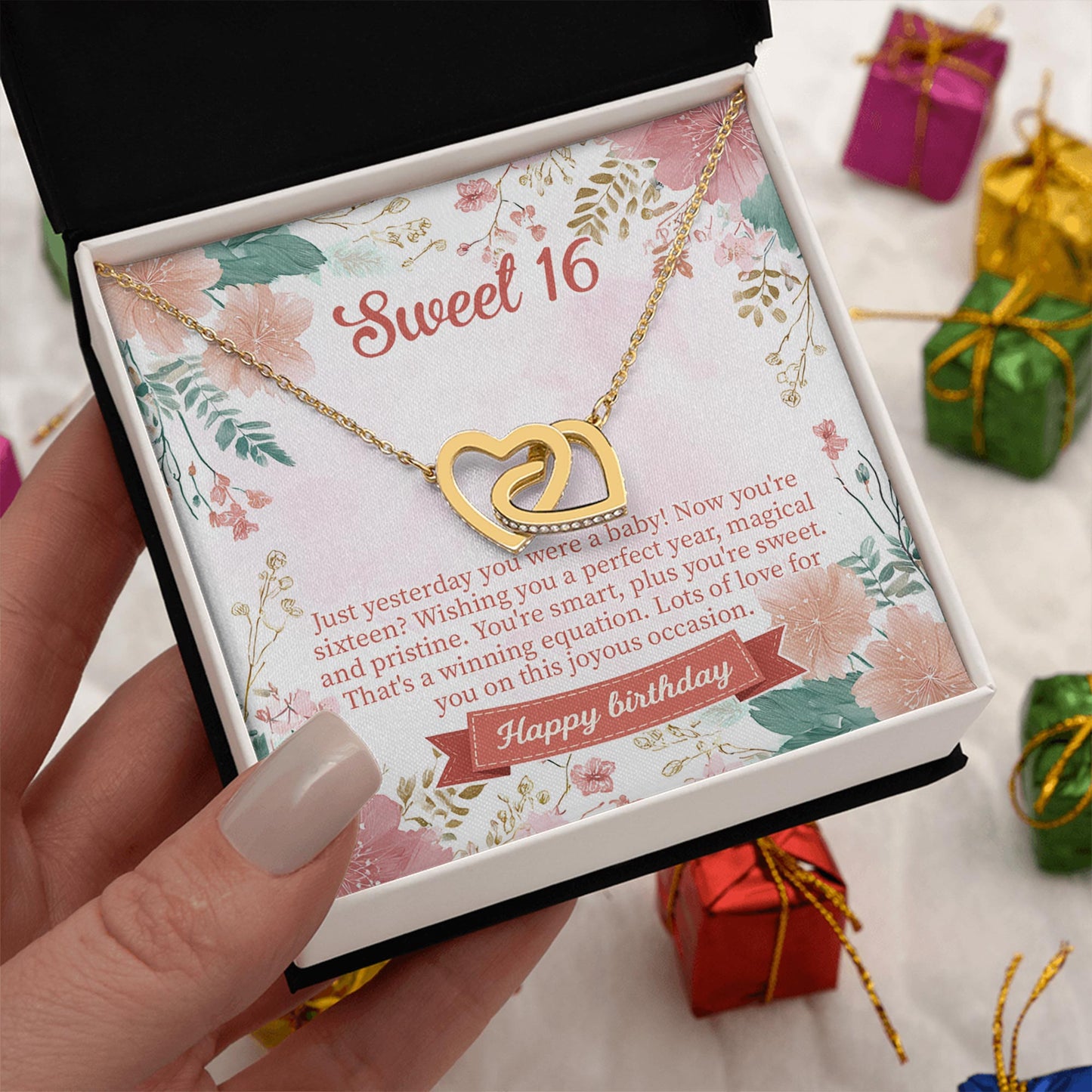 Netecom Personalized birthday necklace, custom flower card with name, interlocking heart jewelry gift for birthday celebration
