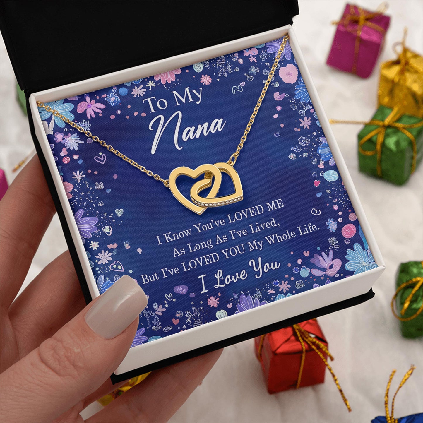 Netecom Personalized To My Nana Necklace, Custom Message Card with Name, I've Loved My Whole Life Interlocking Heart Jewelry Gift for Birthday's Grandma, Christmas