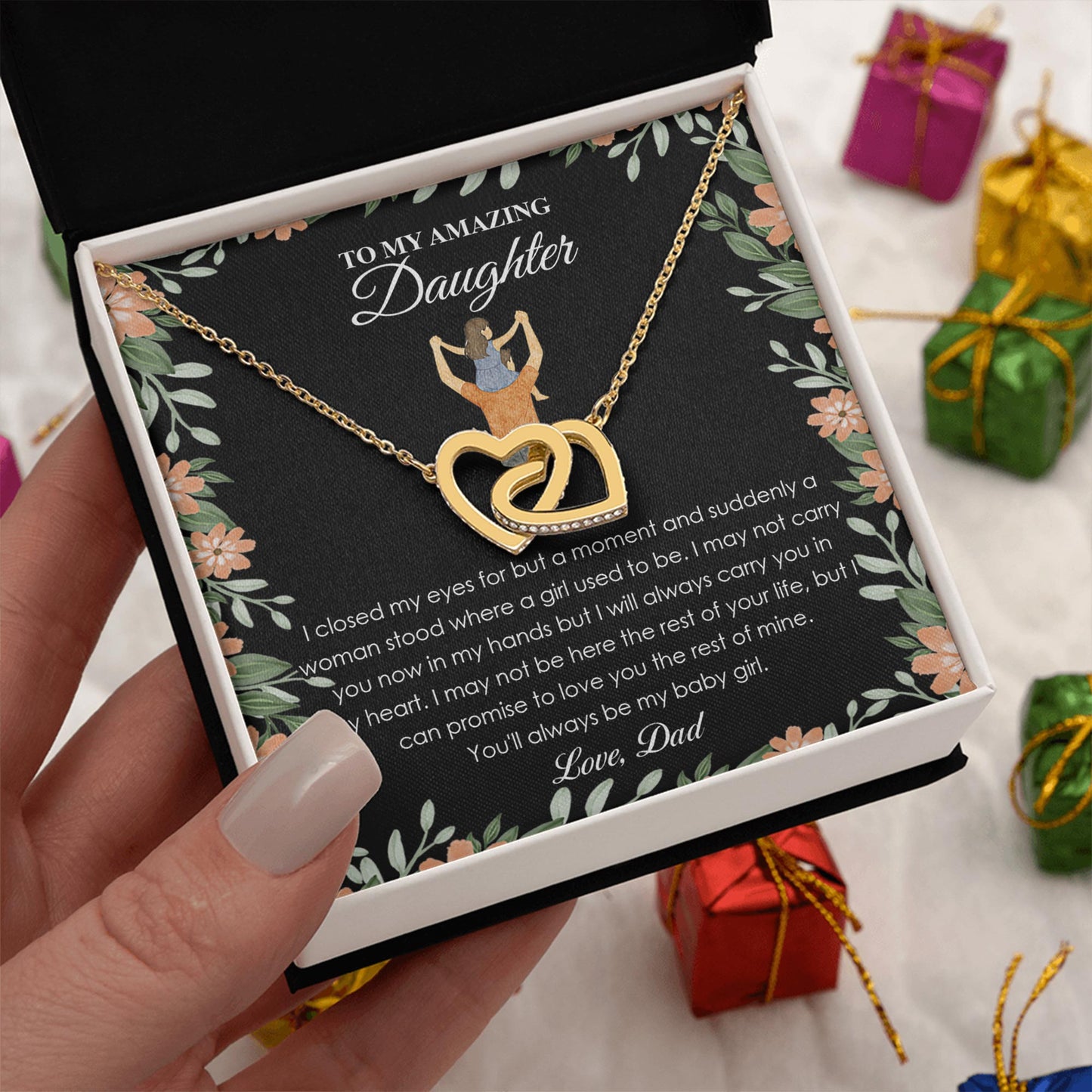 Netecom Personalized To My Daughter Necklace from Dad, Interlocking Hearts Jewelry with Black Floral Card, Birthday, Graduation, Christmas Gift for Daughter from Father
