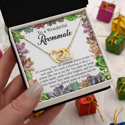 Netecom Personalized To My Roommate Necklace from Friends, Custom Flower Message Card with Name, Interlocking Heart Jewelry Gift for Birthday, Christmas