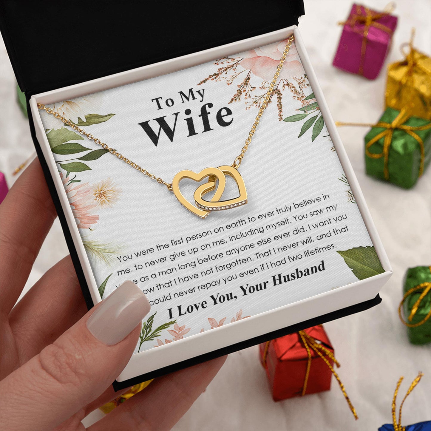 Netecom Personalized To My Wife Necklace from Husband, Custom Message Card with Name, Floral Interlocking Heart Jewelry Gift for Birthday, Christmas