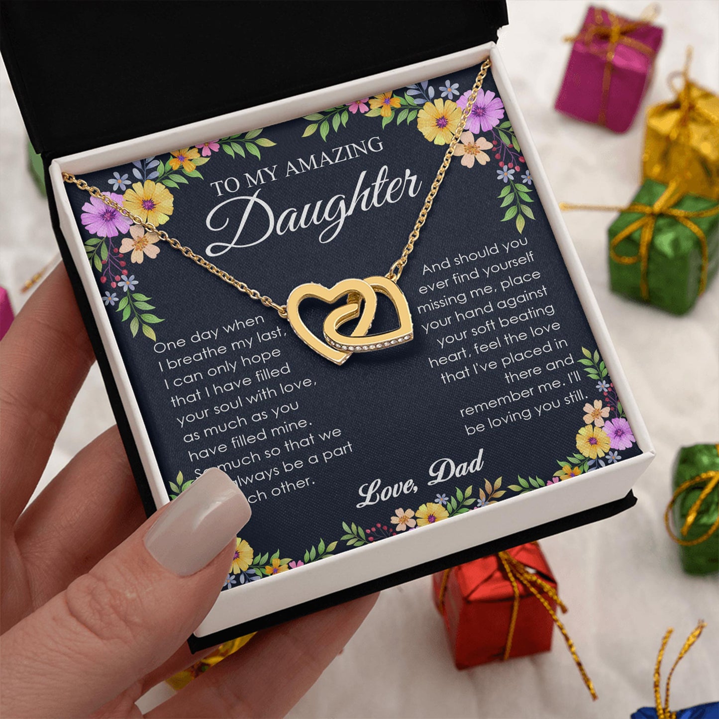 Netecom Personalized To My Amazing Daughter Necklace from Dad, Custom Colorful Floral Message Card with Name, Interlocking Heart Jewelry Gift for Birthday, Christmas
