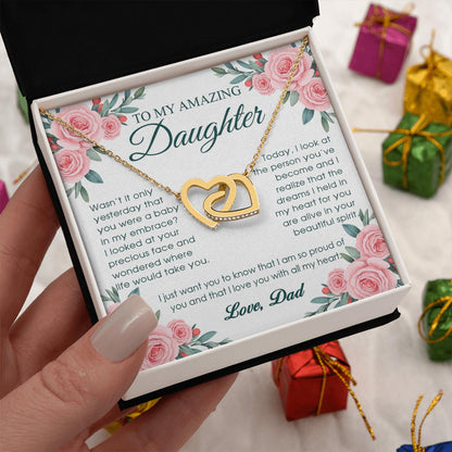 Netecom Personalized To My Daughter Necklace from Dad, Interlocking Hearts Jewelry with Pink Rose Card, Birthday, Graduation, Christmas Gift