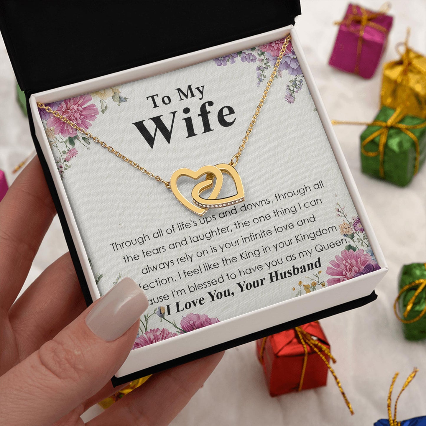 Netecom Personalized To My Wife Necklace from Husband, Interlocking Hearts Jewelry with Queen Message Card, Romantic Anniversary, Birthday, Christmas Gift