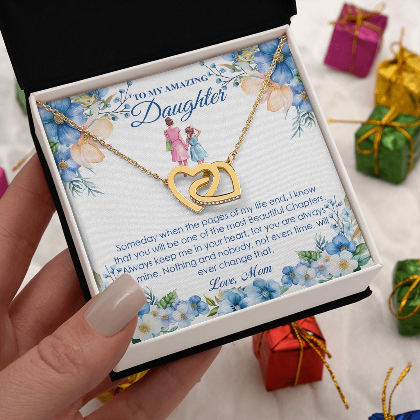 Netecom Personalized To My Amazing Daughter Necklace from Mom, Custom Flowers Message Card with Name, Interlocking Heart Jewelry Gift for Birthday, Christmas