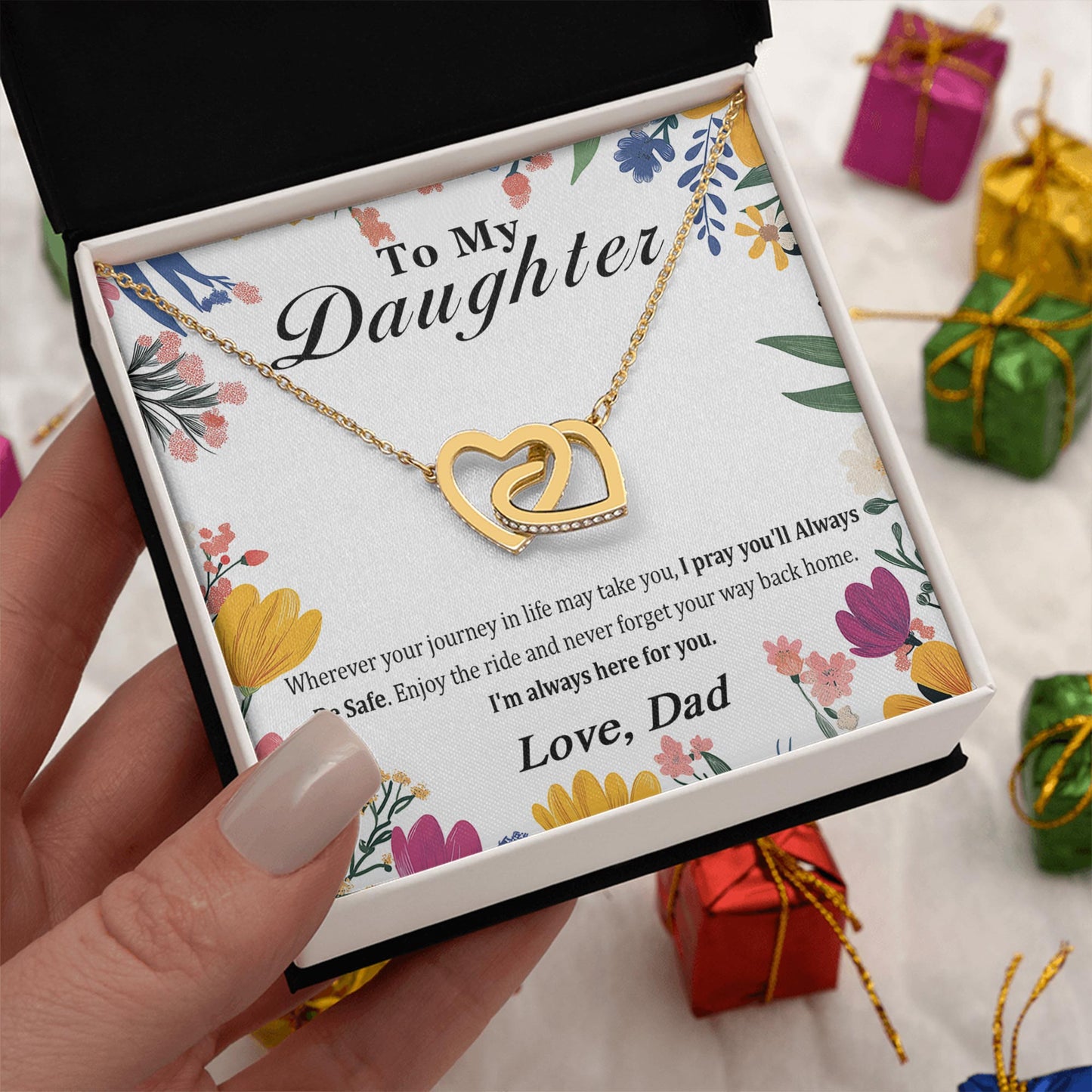 Netecom Personalized To My Daughter Necklace from Dad, Interlocking Heart Jewelry with Floral Card, Birthday, Graduation, Christmas Gift