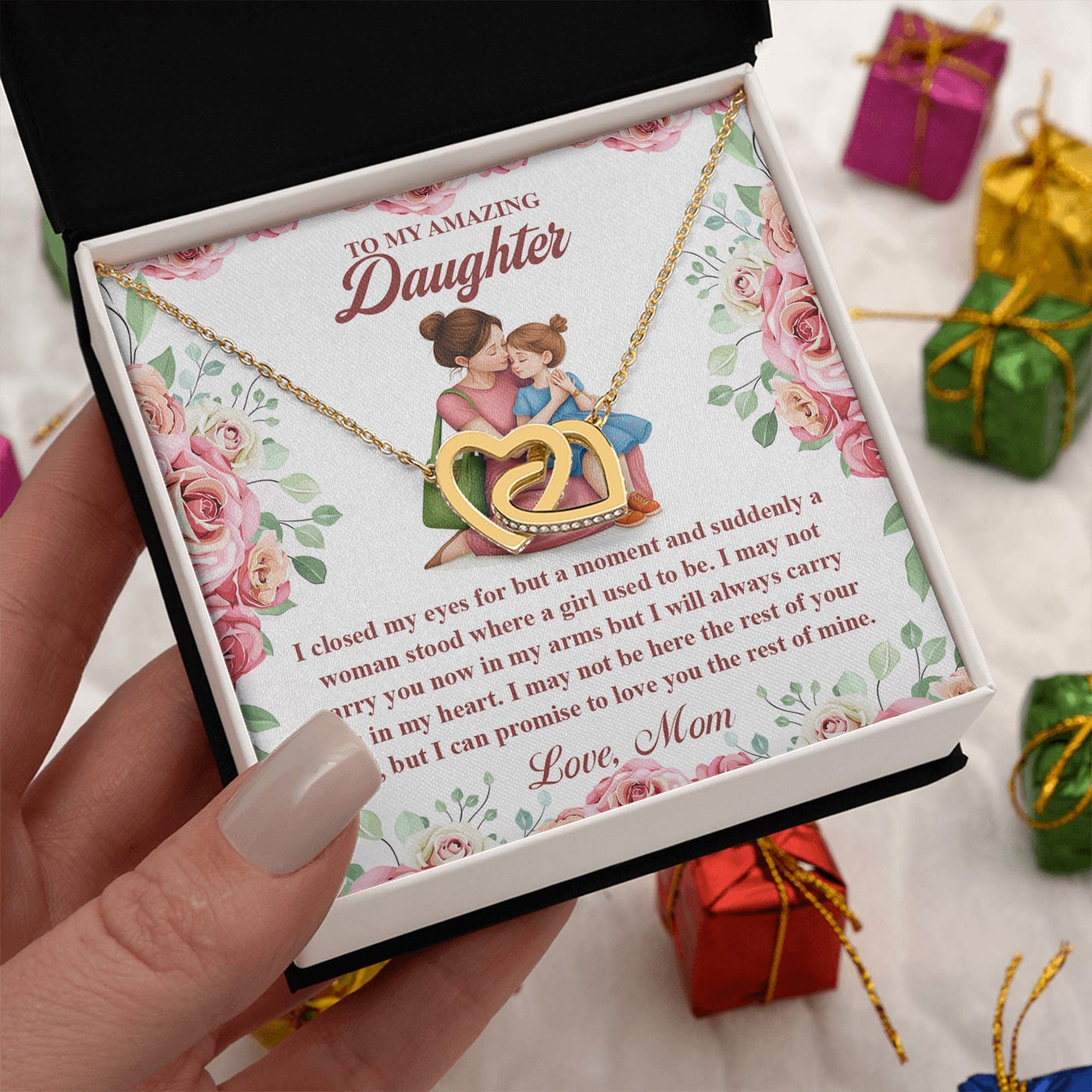 Netecom Personalized To My Amazing Daughter Necklace from Mom, Custom Rose Flowers Message Card with Name, Interlocking Heart Jewelry Gift for Birthday, Christmas
