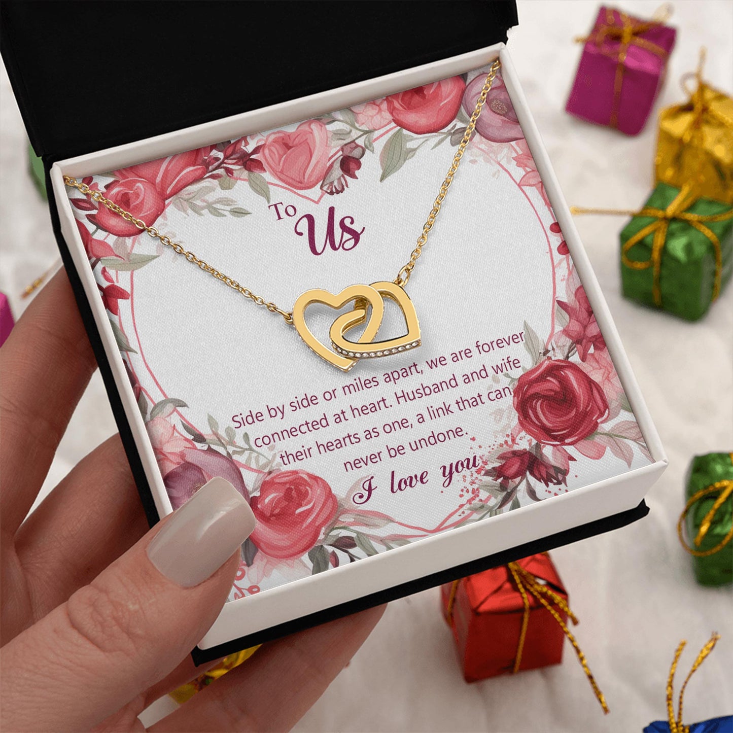 Netecom To Us Necklace for Couple Wife Husband, Message Card with Name, Interlocking Heart Jewelry Gift for Wedding, Anniversary, Birthday, Christmas