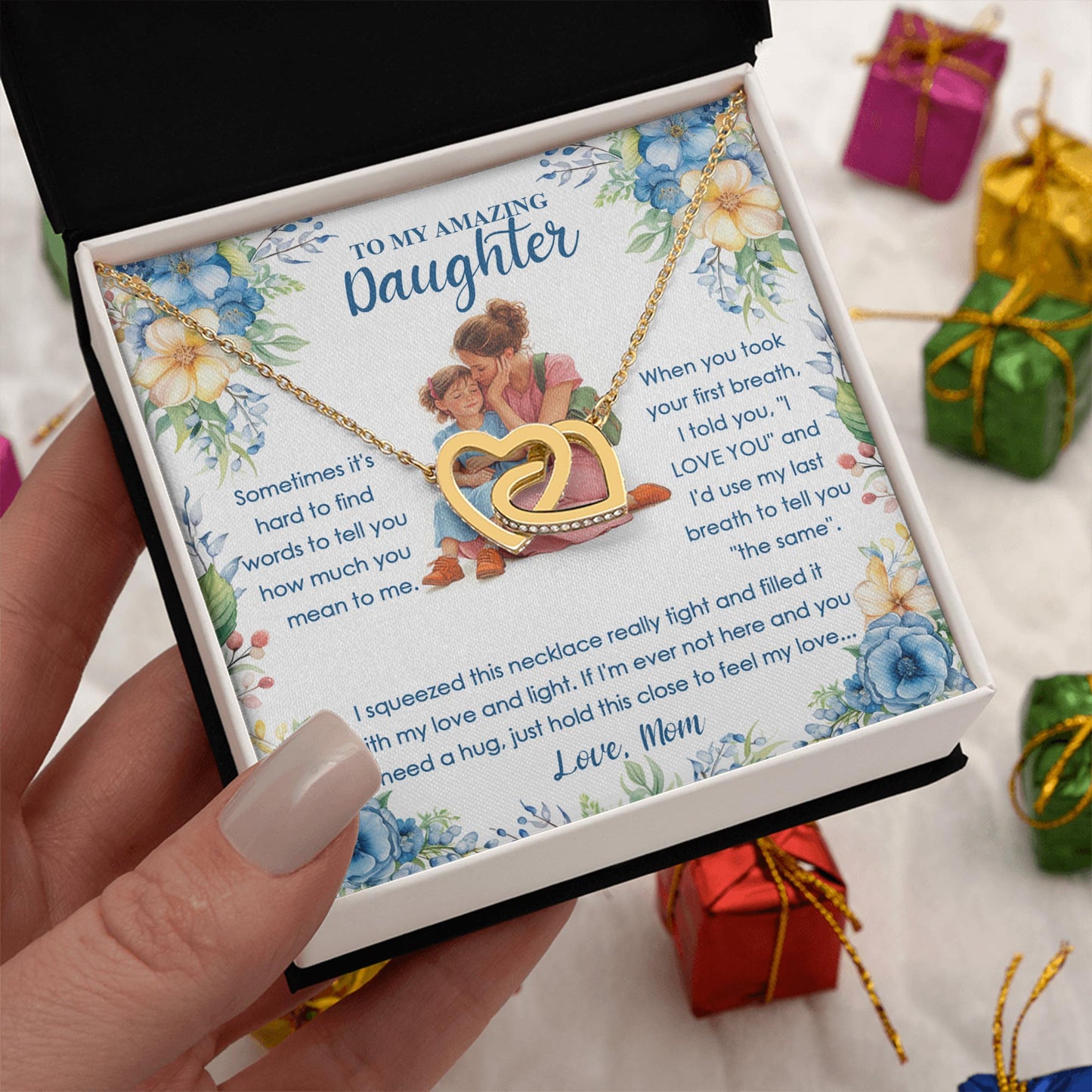 Netecom Personalized To My Amazing Daughter Necklace from Mom, Custom Message Card with Name, Interlocking Heart Jewelry Gift for Birthday, Christmas