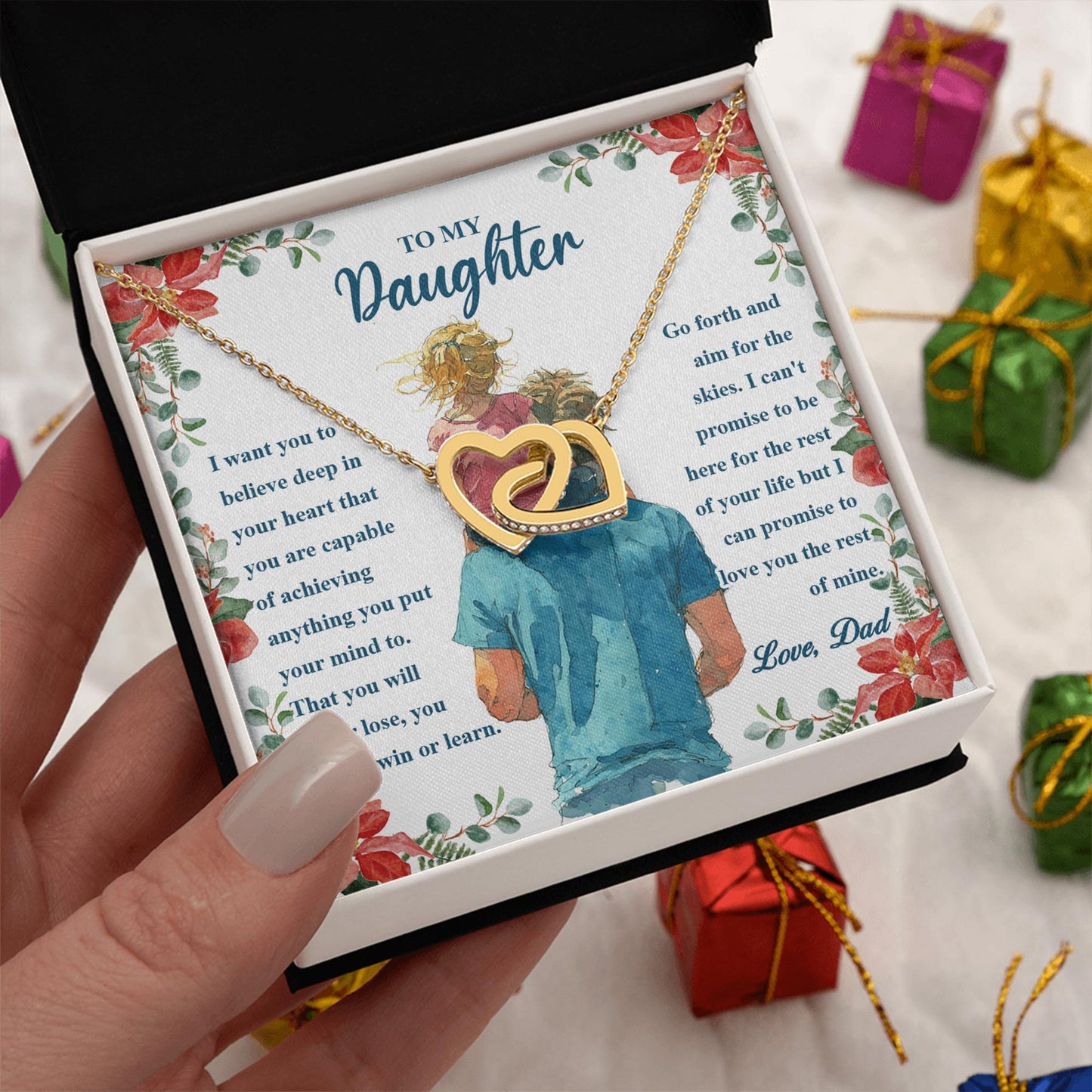 Netecom Personalized To My Daughter Necklace from Dad, Custom Flowers Message Card with Name, Interlocking Heart Jewelry Gift for Birthday, Christmas