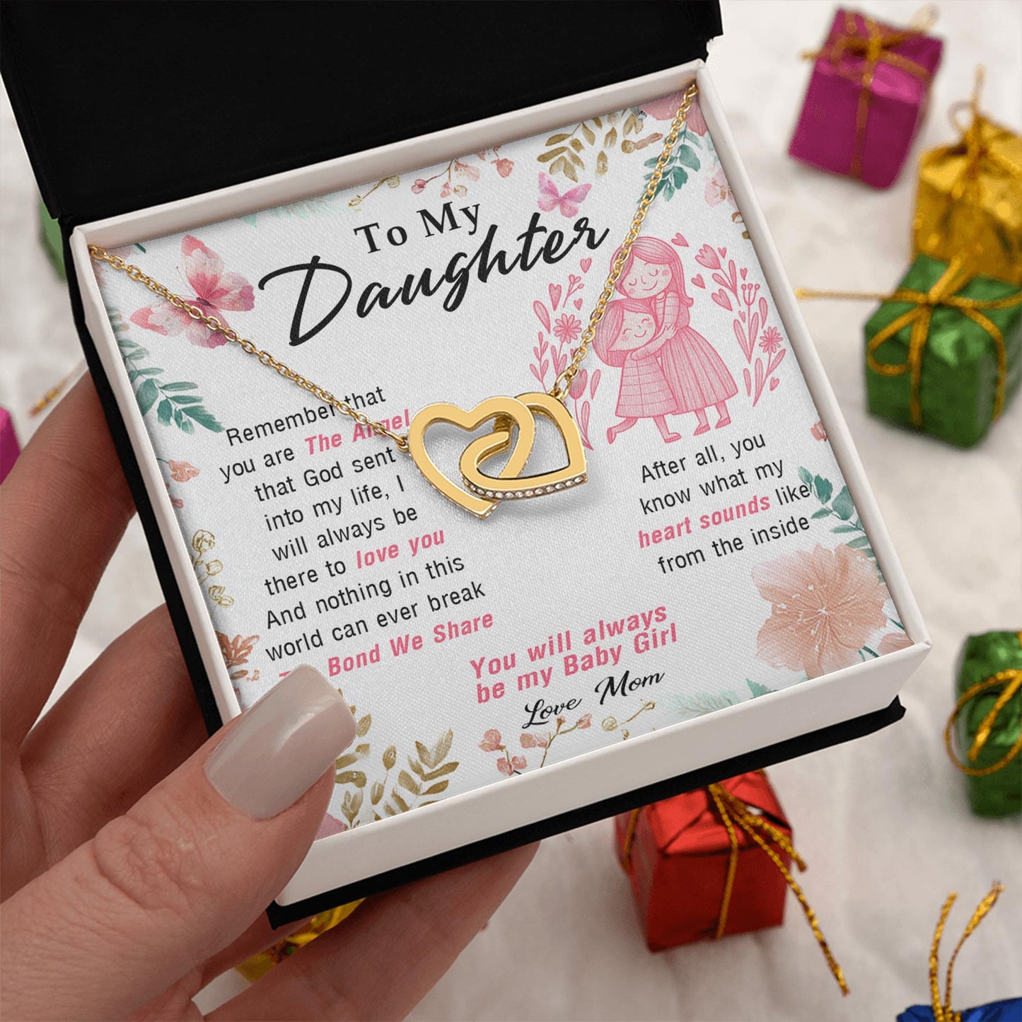 Netecom Personalized To My Daughter Necklace from Mom, Custom Message Card with Name, Remember That You Are Angel Interlocking Heart Jewelry Gift for Birthday, Christmas
