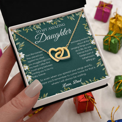 Netecom Personalized To My Daughter Necklace from Dad, Interlocking Hearts Jewelry with Green Floral Card, Birthday, Graduation, Christmas Gift