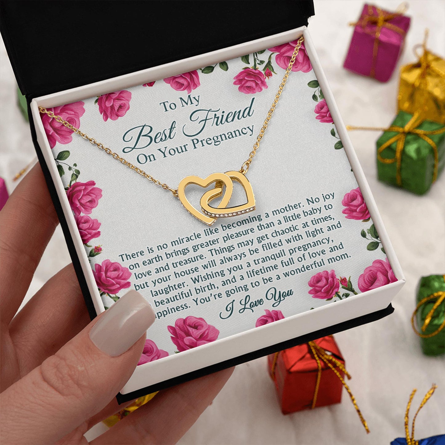 Netecom Personalized To My Best Friend Necklace, Interlocking Hearts Jewelry with Floral Card, Pregnancy Gift, Baby Shower, Mother-to-Be Gift