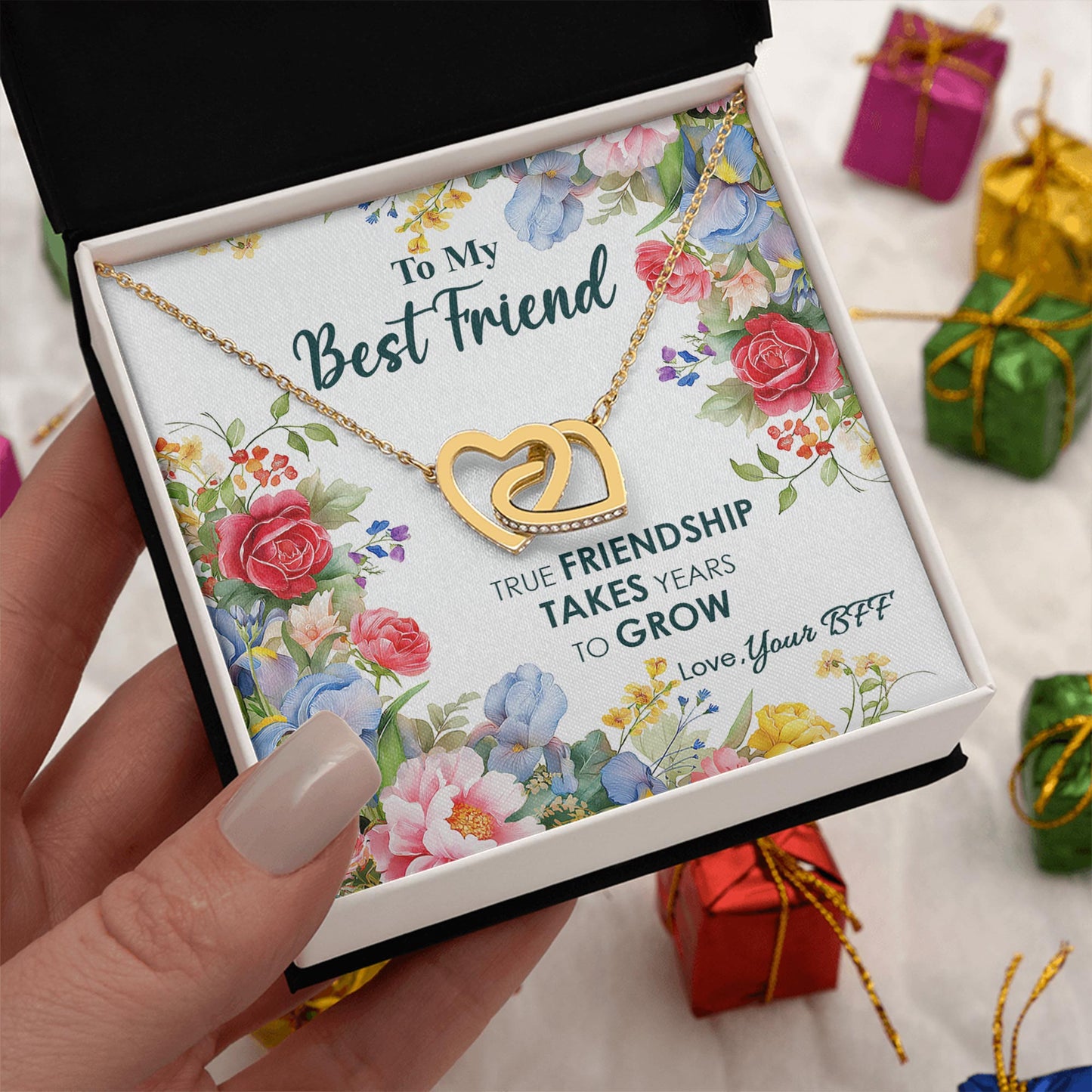 Netecom Personalized To My Best Friend Necklace, Interlocking Hearts Jewelry with Floral Card, Birthday, Christmas, Friendship Gift for BFF