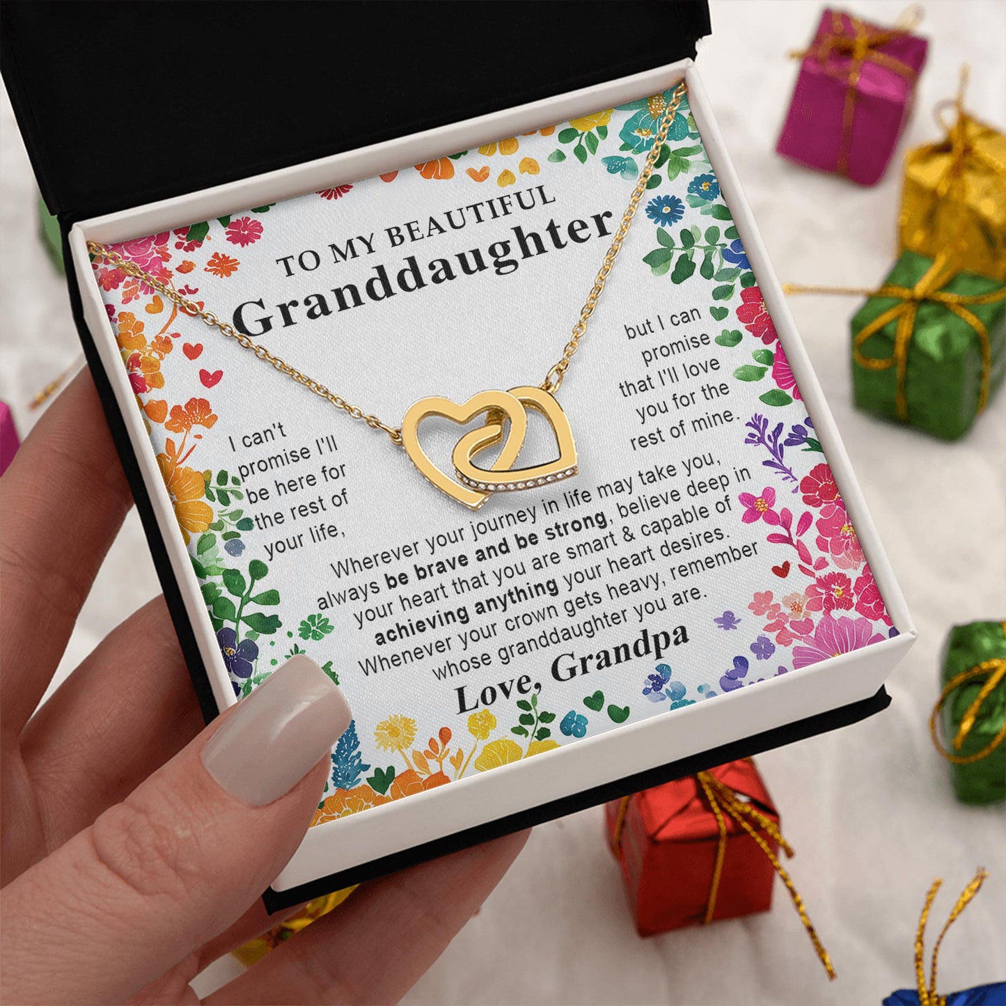 Netecom Personalized To My Granddaughter Necklace from Grandpa, Interlocking Heart Jewelry with Floral Card, Birthday, Graduation, Christmas Gift