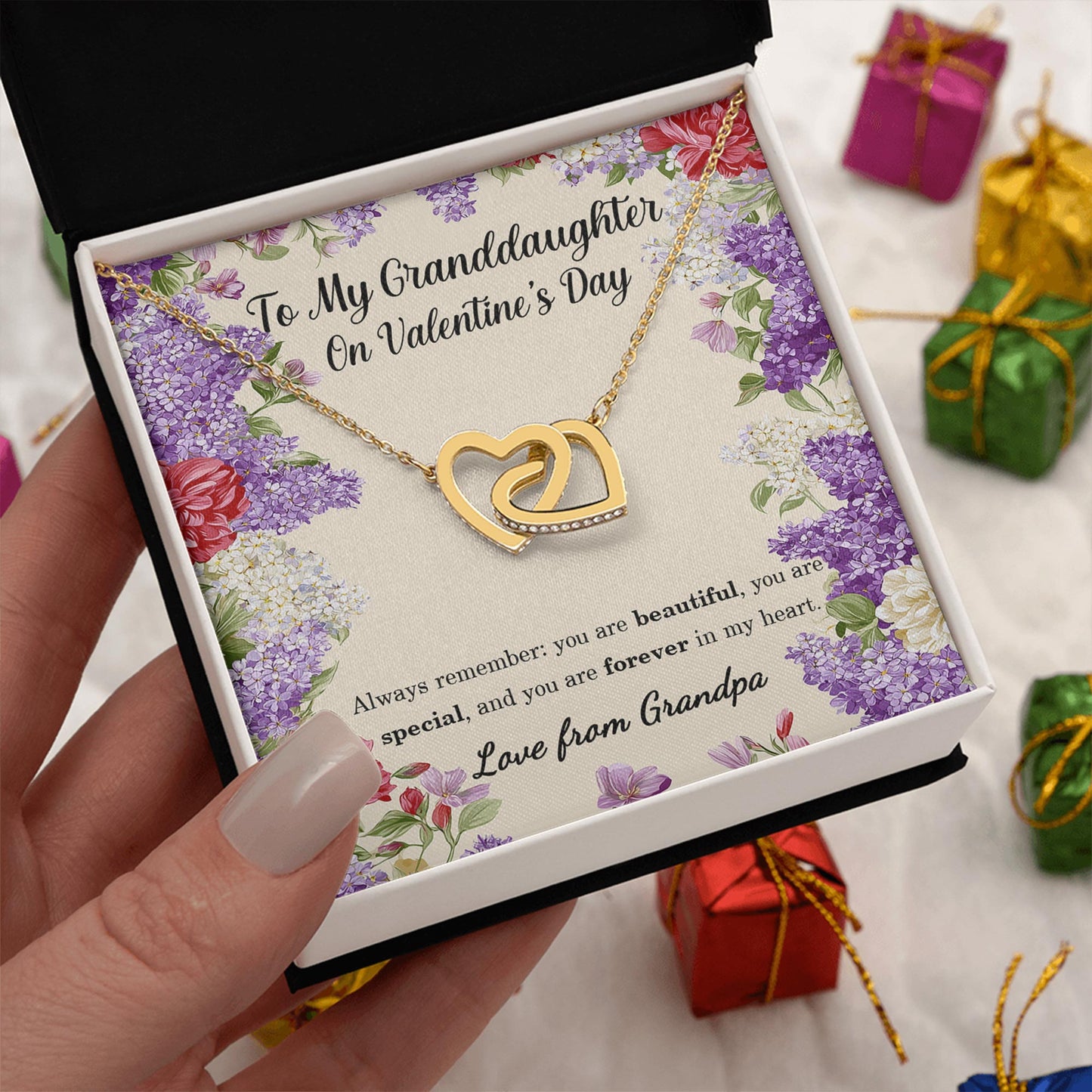 Netecom Personalized To My Granddaughter Necklace from Grandpa, Interlocking Hearts Jewelry with Floral Card, Valentine’s Day Gift