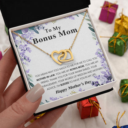 Netecom Personalized To My Bonus Mom Necklace, Interlocking Hearts Jewelry with Floral Card, Mother’s Day, Birthday, Christmas Gift from Daughter-in-Law