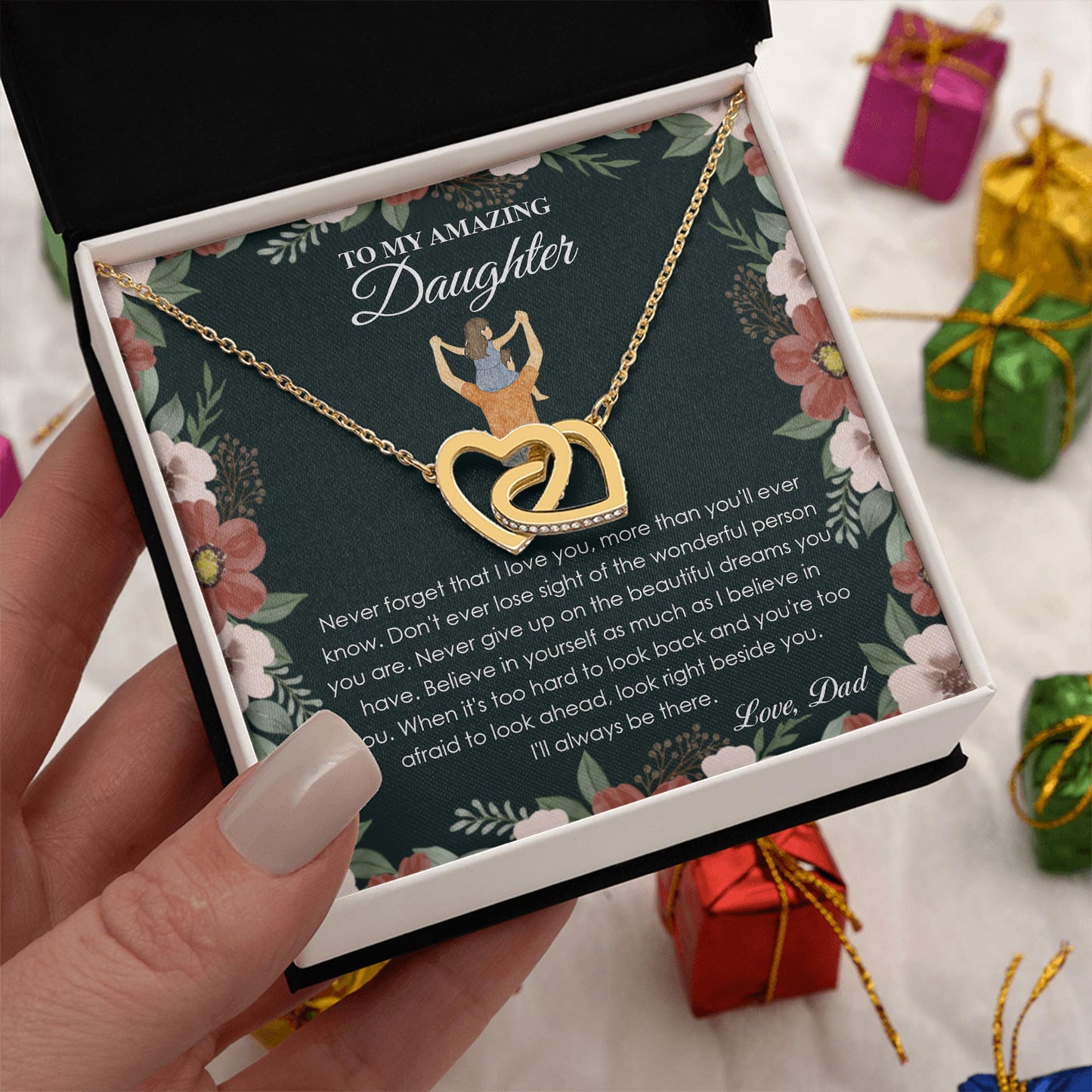Netecom Personalized To My Amazing Daughter Necklace from Dad, Custom Message Card with Name, Never Forget That I Love You Interlocking Heart Jewelry Gift for Birthday, Christmas