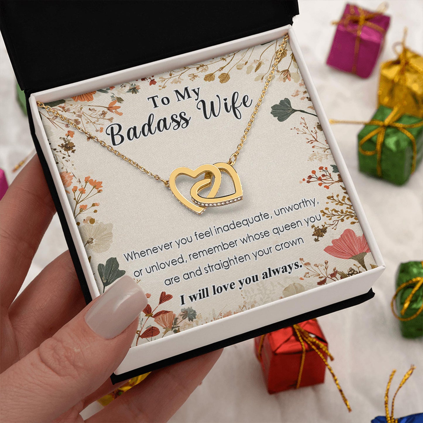 Netecom Personalized To My Badass Wife Necklace from Husband, Custom Message Card with Name, I Will Love You Always Interlocking Heart Jewelry Gift for Birthday, Christmas